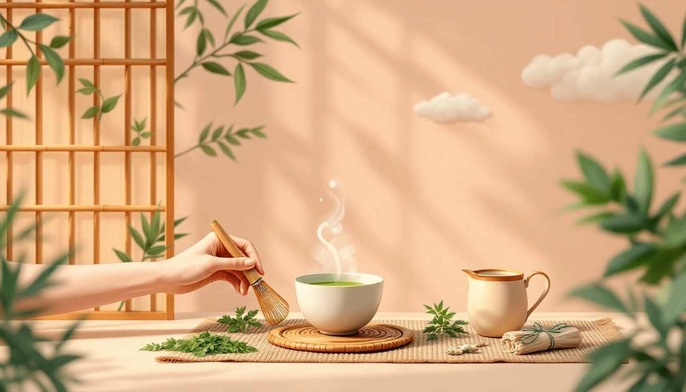 Een stap-voor-stap afbeelding van het maken van matcha thee, met een bamboe garde en poeder.