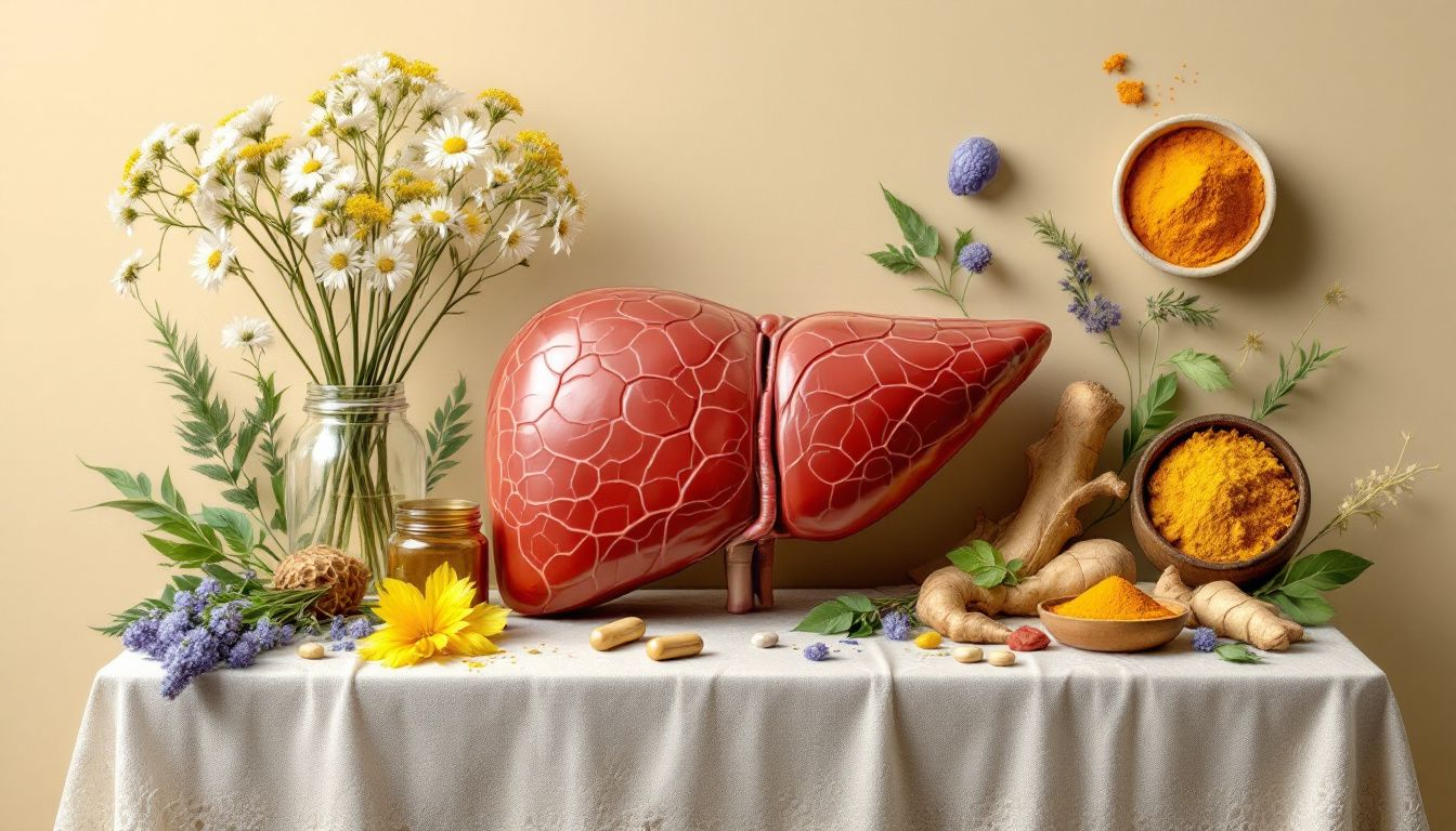 Populaire lever supplementen zoals mariadistel en artisjok extract op een tafel.
