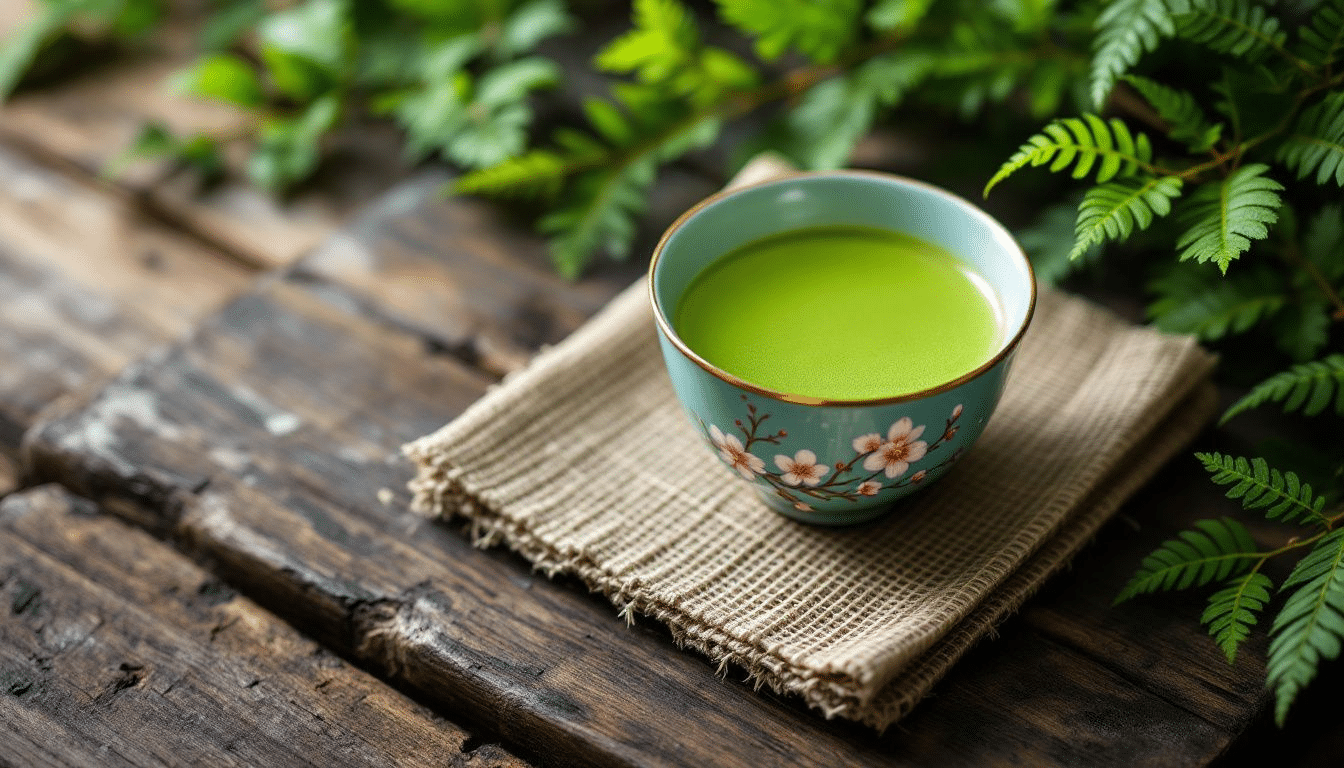 Een groene matcha thee in een traditionele kom, perfect voor de Japanse theeceremonie.