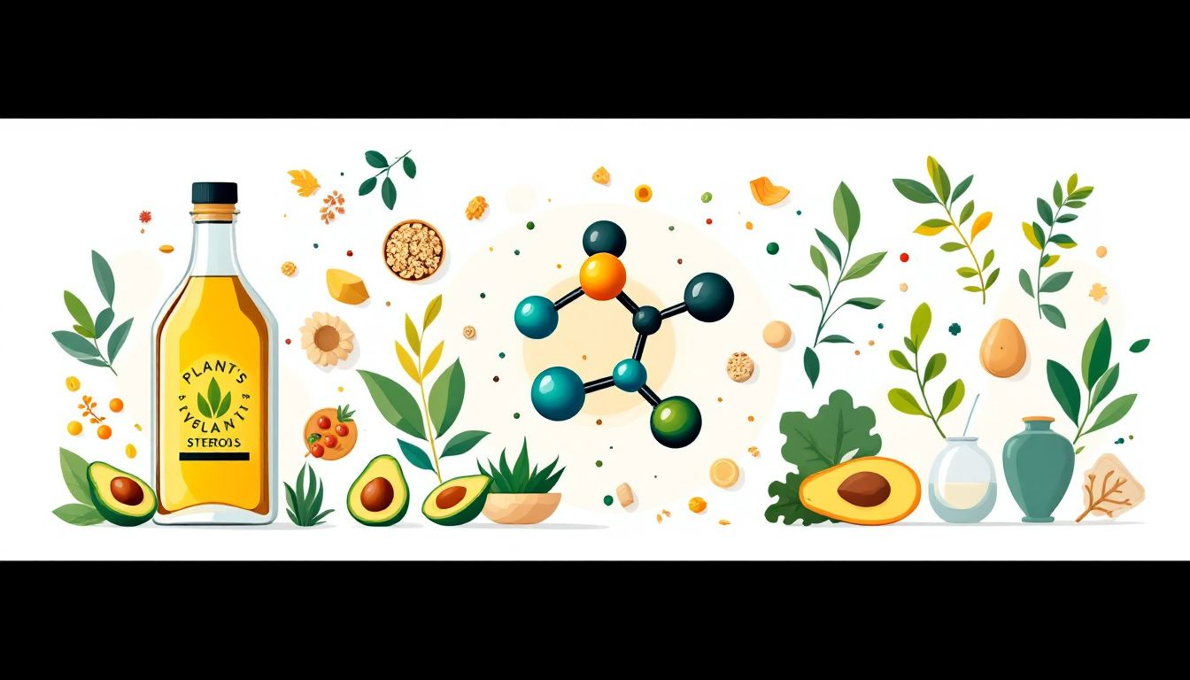 Een afbeelding van verschillende plantaardige producten die rijk zijn aan plantensterolen.