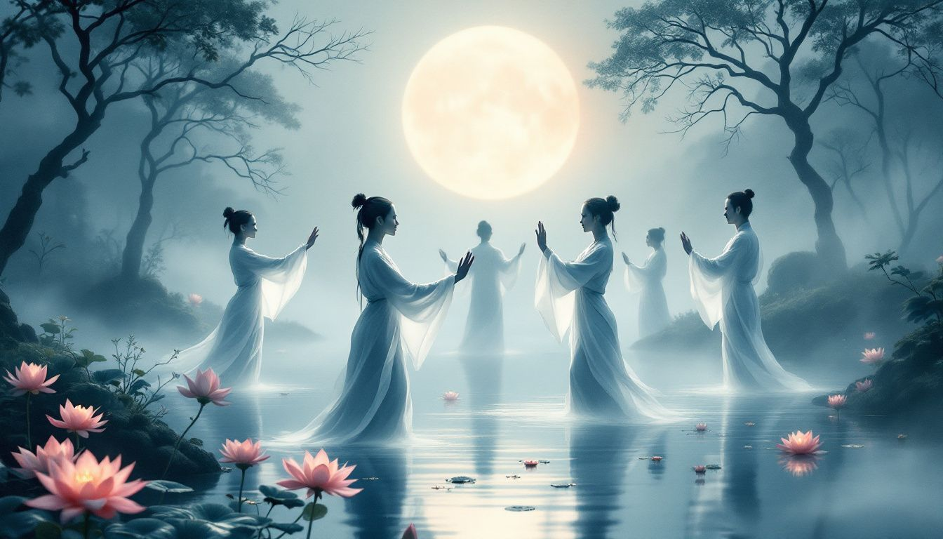 Een afbeelding van tai chi beoefenaars die hun bewegingen synchroniseren, wat de verbinding met qi weergeeft.