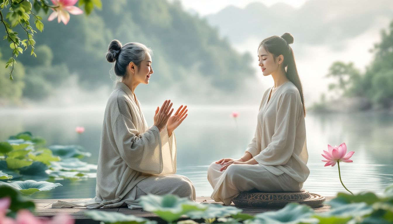 Een afbeelding van een qi-therapie sessie, met een beoefenaar die iemand helpt ontspannen.