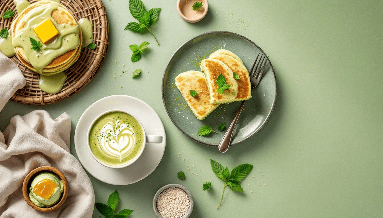 Een kleurrijk tableau van populaire matcha recepten, waaronder matcha latte en matcha pannenkoeken.