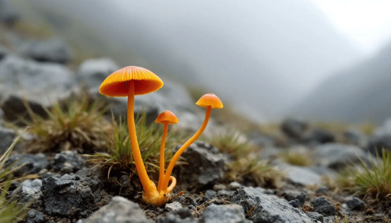 De afbeelding toont een cordyceps paddenstoel, specifiek de Cordyceps Sinensis, die bekend staat om zijn unieke levenscyclus en gebruik in traditionele Chinese geneeskunde. Deze bijzondere paddenstoel groeit vaak in ongerepte natuurgebieden, zoals het Himalaya hooggebergte, en staat bekend om zijn actieve bestanddelen die kunnen bijdragen aan een gezonde levensstijl.