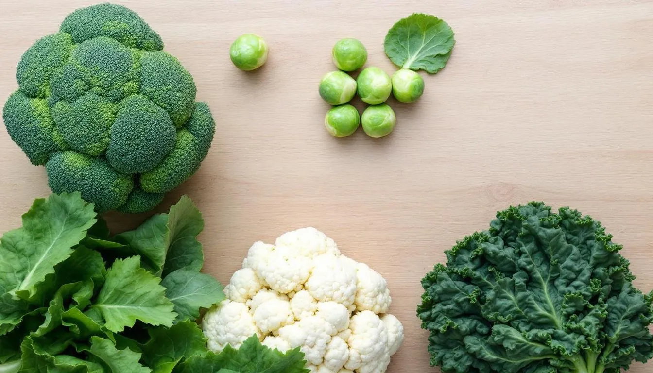 Afbeelding van een verscheidenheid aan kruisbloemige groenten, waaronder broccoli, bloemkool, spruitjes en boerenkool, die samen een kleurrijke en voedzame presentatie vormen. Deze groenten zijn rijk aan bioactieve stoffen en voedingsstoffen, en staan bekend om hun beschermende effect tegen schadelijke stoffen en kankerverwekkende stoffen.