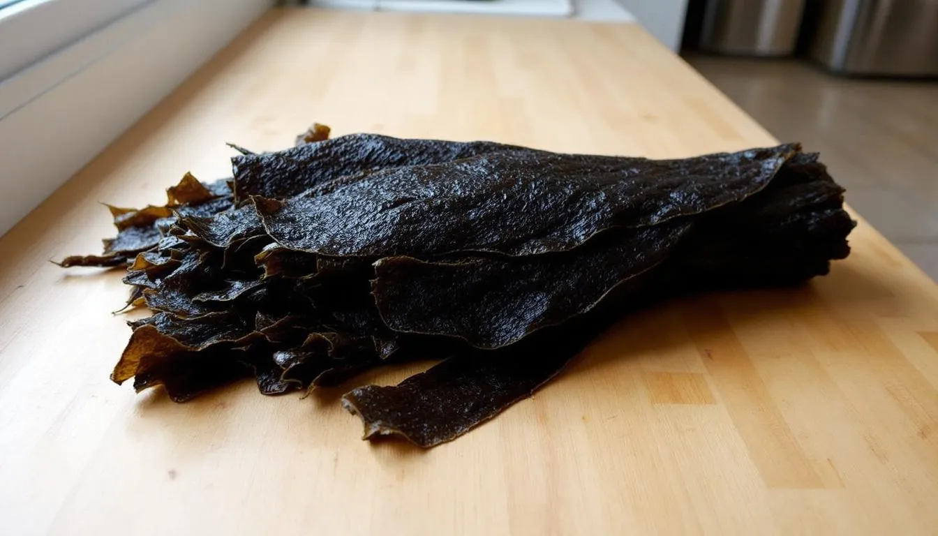 . The image shows a piece of kombu, a type of edible seaweed, resting on a kitchen counter, highlighting its dark brown color and dried texture. Kombu is commonly used in Japanese cuisine as a natural flavor enhancer, particularly in dishes like dashi bouillon and misosoep.
