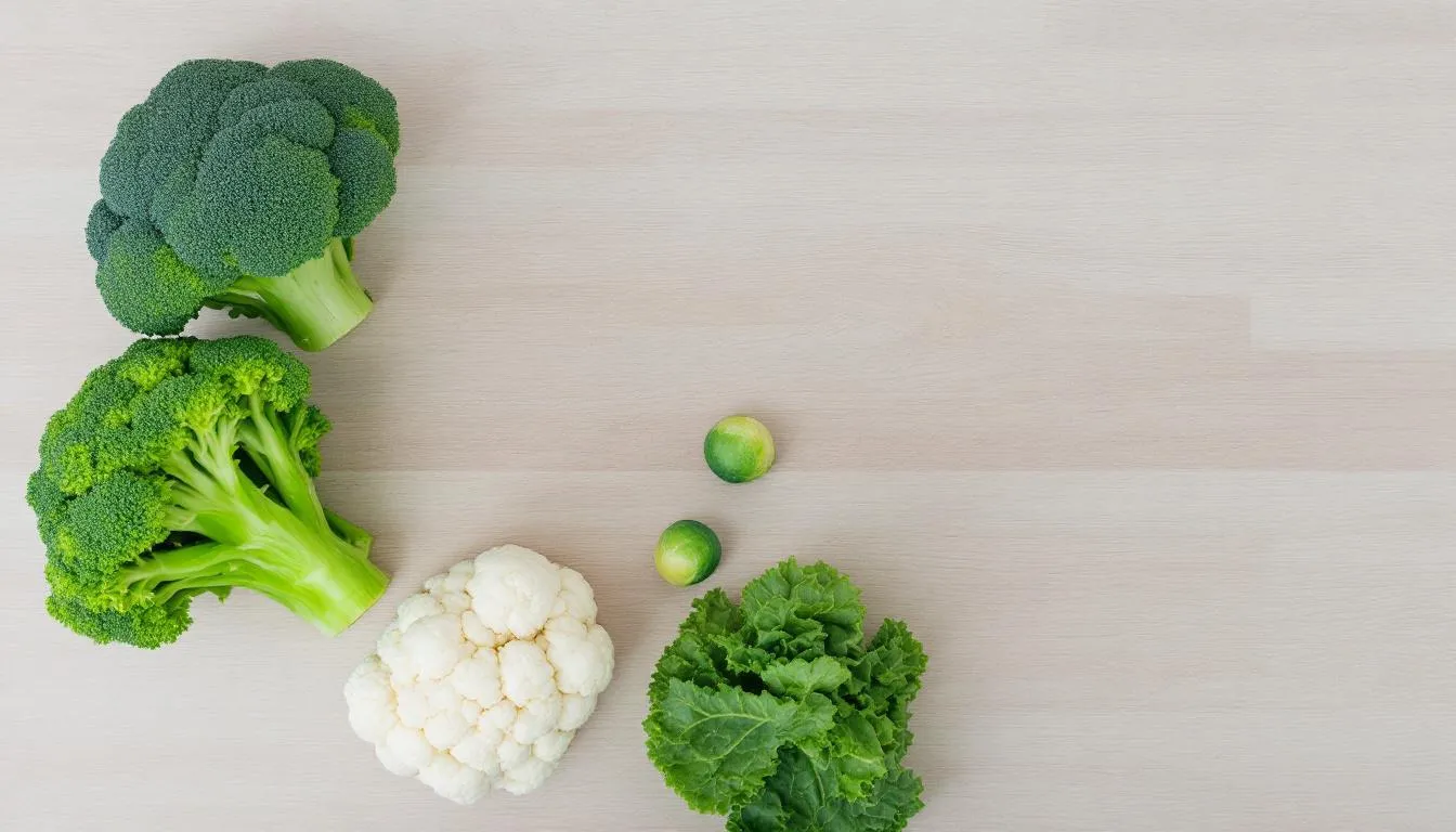 Afbeelding van een verscheidenheid aan kruisbloemige groenten, waaronder broccoli, bloemkool, spruitjes en boerenkool, die samen een kleurrijke en voedzame presentatie vormen. Deze groenten zijn rijk aan bioactieve stoffen en voedingsstoffen, en staan bekend om hun beschermende effect tegen schadelijke stoffen en kankerverwekkende stoffen.