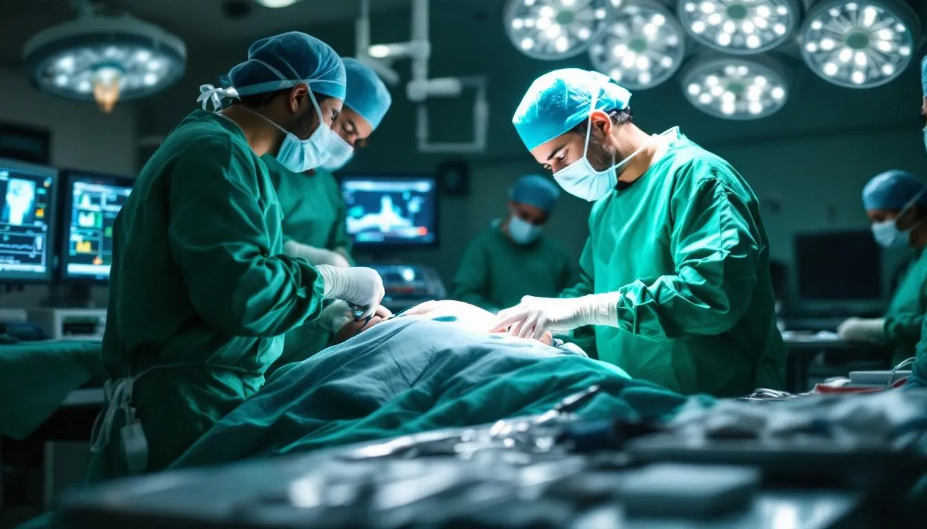 Een chirurgische operatie wordt uitgevoerd in een steriele omgeving, waar medische professionals samenwerken om een patiënt te helpen. Tijdens de procedure kan er aandacht zijn voor factoren zoals bloedarmoede, waarbij een tekort aan ijzer, vitamine B12 en foliumzuur invloed kan hebben op de gezondheid en het herstel van de patiënt.