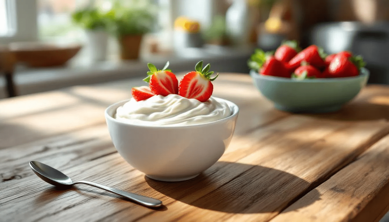 Op de ontbijttafel staat een schaaltje met romige, echte Griekse yoghurt, omringd door vers fruit en een druppel honing. Deze authentieke Griekse yoghurt bevat goede voedingsstoffen en eiwitten, waardoor het een gezonde keuze is voor een voedzaam ontbijt.