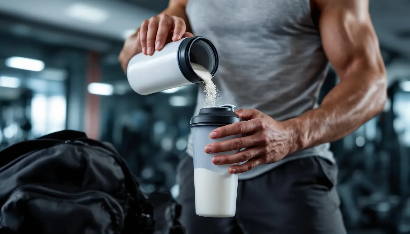 Een atleet voegt een wit poeder, pure maltodextrine, toe aan zijn eiwitshake om de opname van complexe koolhydraten te bevorderen, wat helpt bij het herstel van glycogeenvoorraden na intensieve training. Het poeder heeft een neutrale smaak en is licht verteerbaar, waardoor het een populaire keuze is onder sporters.