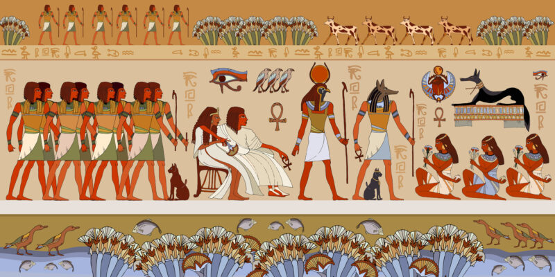 Illustratie van het oude Egypte met goden Ra en Anubis, lotusbloemen langs de Nijl en hiëroglyfen